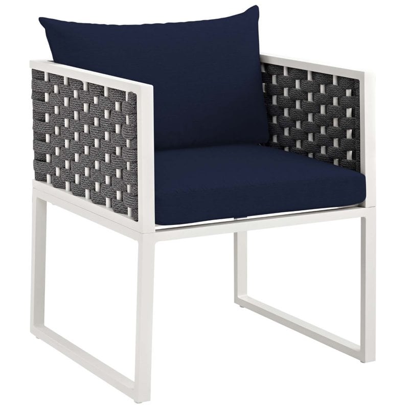 Pemberly Row  Aluminum Patio Dining Armchair in White and Navy
