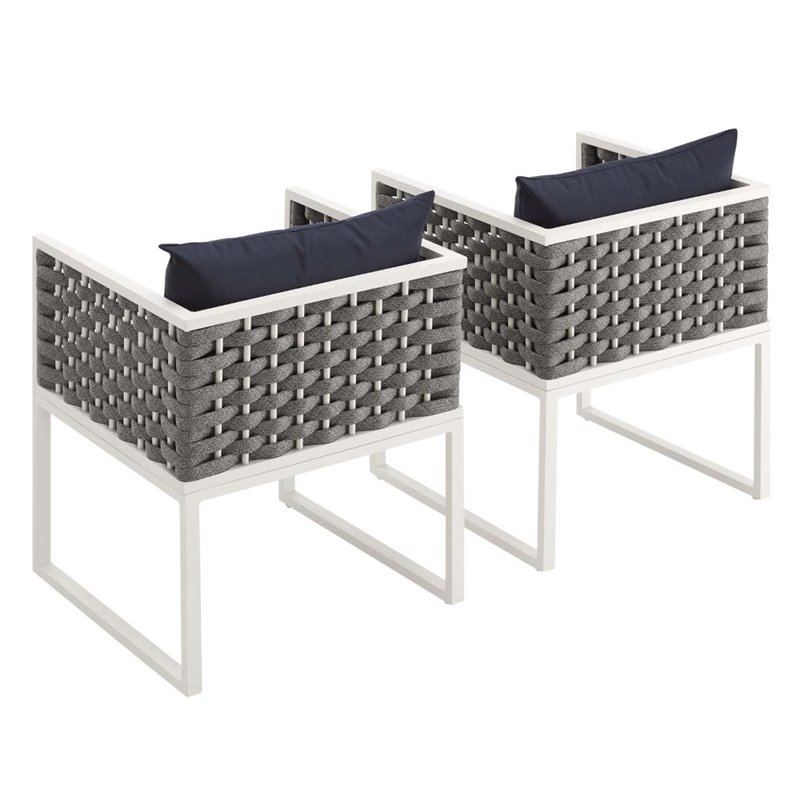 Pemberly Row  Aluminum Patio Dining Armchair in White and Navy (Set of 2)