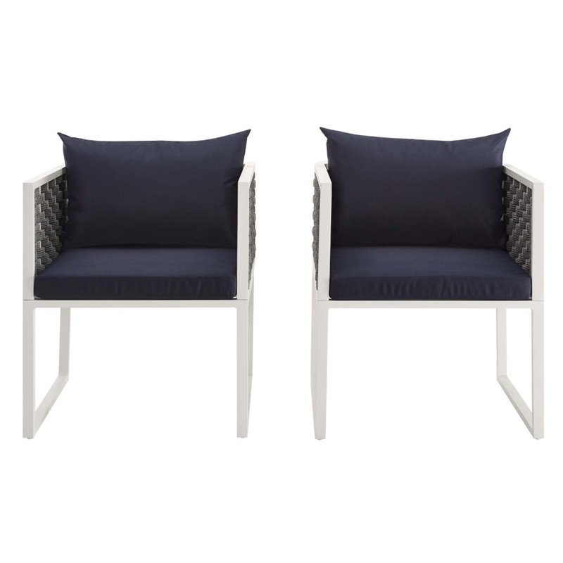 Pemberly Row  Aluminum Patio Dining Armchair in White and Navy (Set of 2)