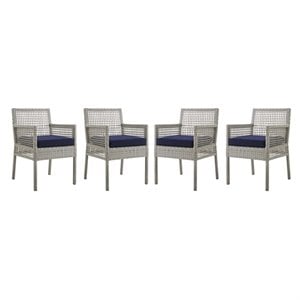 Pemberly Row 19.5&quot Wicker / Rattan Patio Dining Armchair in Gray/Navy (Set of 4)