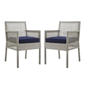 Pemberly Row 19.5&quot Wicker / Rattan Patio Dining Armchair in Gray/Navy (Set of 2)