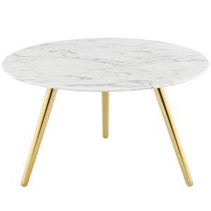 Pemberly Row 28&quot Round Top Modern Marble Coffee Table in White/Gold