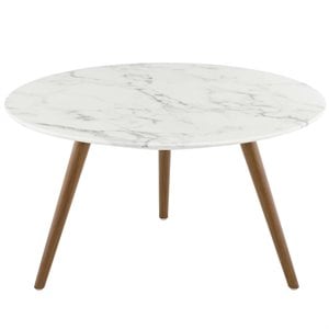 Pemberly Row 28&quot Round Top Modern Marble Coffee Table in White/Walnut