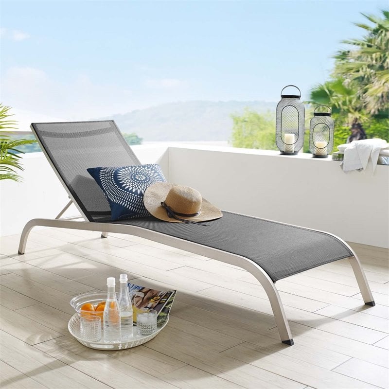 Pemberly Row Modern Aluminum/Mesh Chaise Patio Lounge Chair in Black