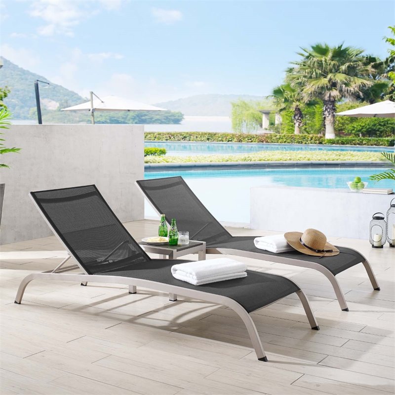Pemberly Row  3 Piece Mesh Patio Lounge Chair Set in Black