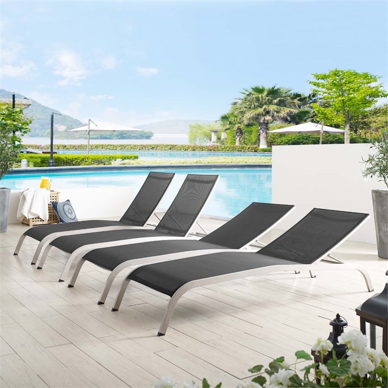 Pemberly Row  Mesh Patio Chaise Lounge in Black (Set of 4)