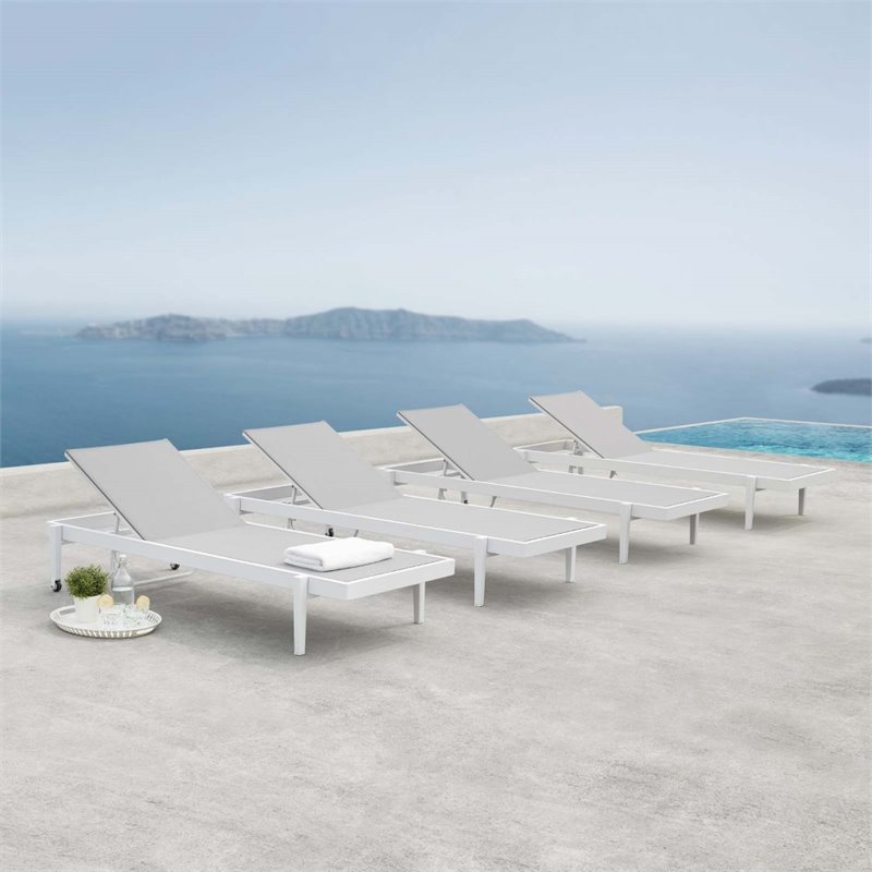 Pemberly Row  Patio Aluminum Chaise Lounge Chair in White Gray (Set of 4)
