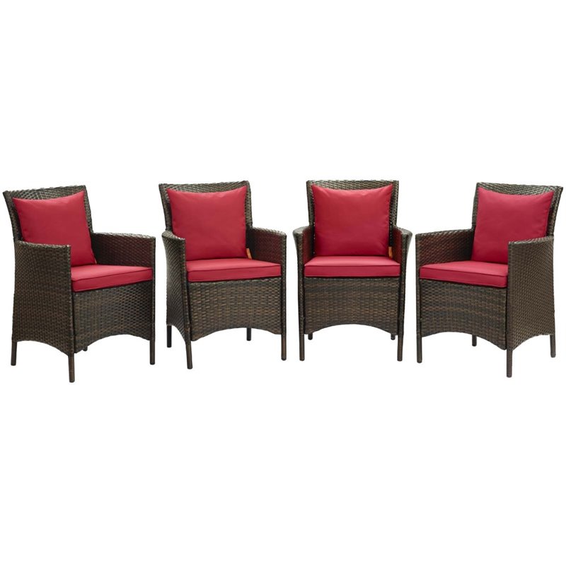 Pemberly Row  Wicker  Patio Dining Arm Chair in Brown and Red (Set of 4)