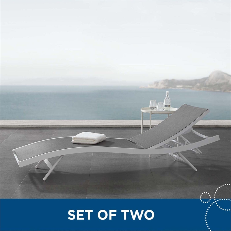 Pemberly Row  Mesh Aluminum Patio Chaise Lounge in White and Gray (Set of 2)