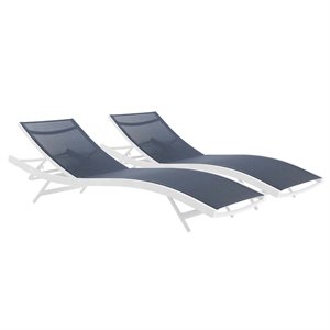 Pemberly Row  Mesh Aluminum Patio Chaise Lounge in White and Navy (Set of 2)