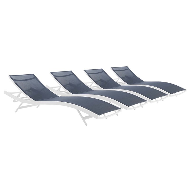 Pemberly Row  Mesh Aluminum Patio Chaise Lounge in White and Navy (Set of 4)