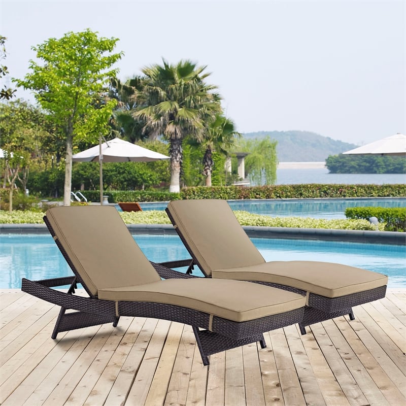 Pemberly Row Modern Rattan Outdoor Chaise in Espresso/Mocha Brown (Set of 2)