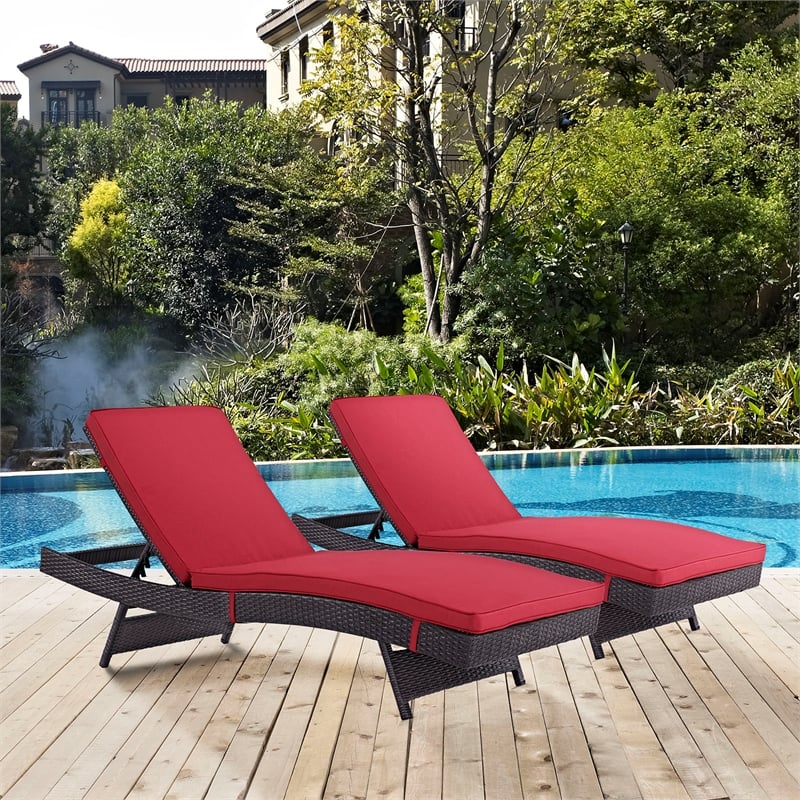 Pemberly Row Modern Rattan Outdoor Chaise in Espresso/Red (Set of 2)
