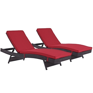 Pemberly Row Modern Rattan Outdoor Chaise in Espresso/Red (Set of 2)