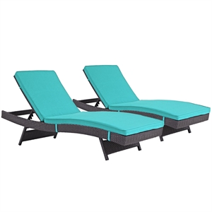 Pemberly Row Modern Rattan Outdoor Chaise in Espresso/Turquoise (Set of 2)