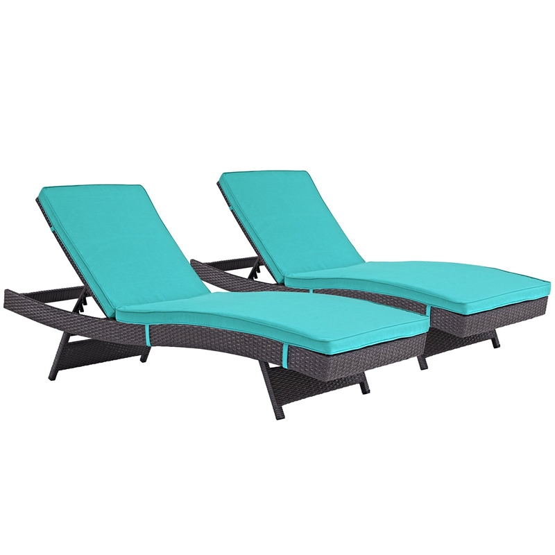 Pemberly Row Modern Rattan Outdoor Chaise in Espresso/Turquoise (Set of 2)
