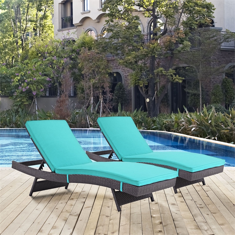 Pemberly Row Modern Rattan Outdoor Chaise in Espresso/Turquoise (Set of 2)