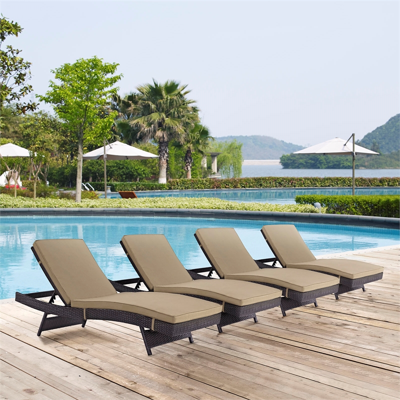 Pemberly Row Modern Rattan Outdoor Chaise in Espresso/Mocha Brown (Set of 4)