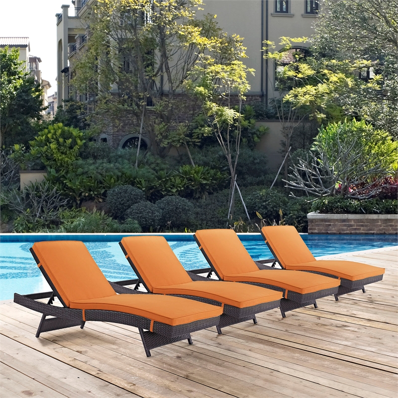 Pemberly Row Modern Rattan Outdoor Chaise in Espresso/Orange (Set of 4)