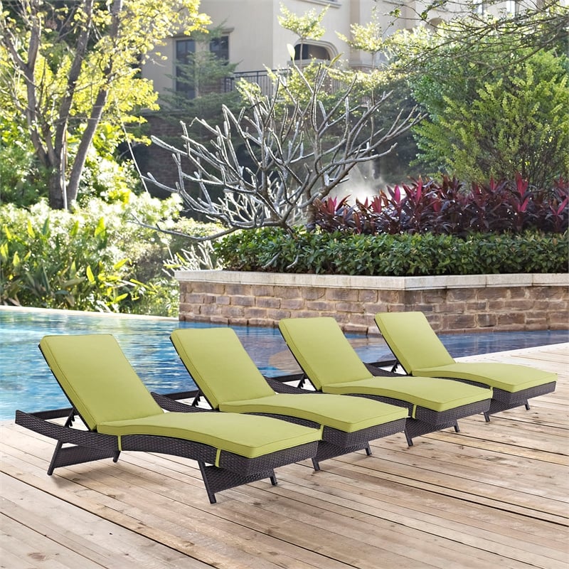 Pemberly Row Modern Rattan Outdoor Chaise in Espresso/Peridot Green (Set of 4)