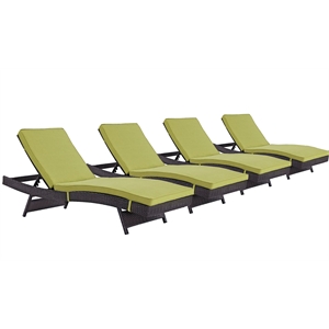 Pemberly Row Modern Rattan Outdoor Chaise in Espresso/Peridot Green (Set of 4)
