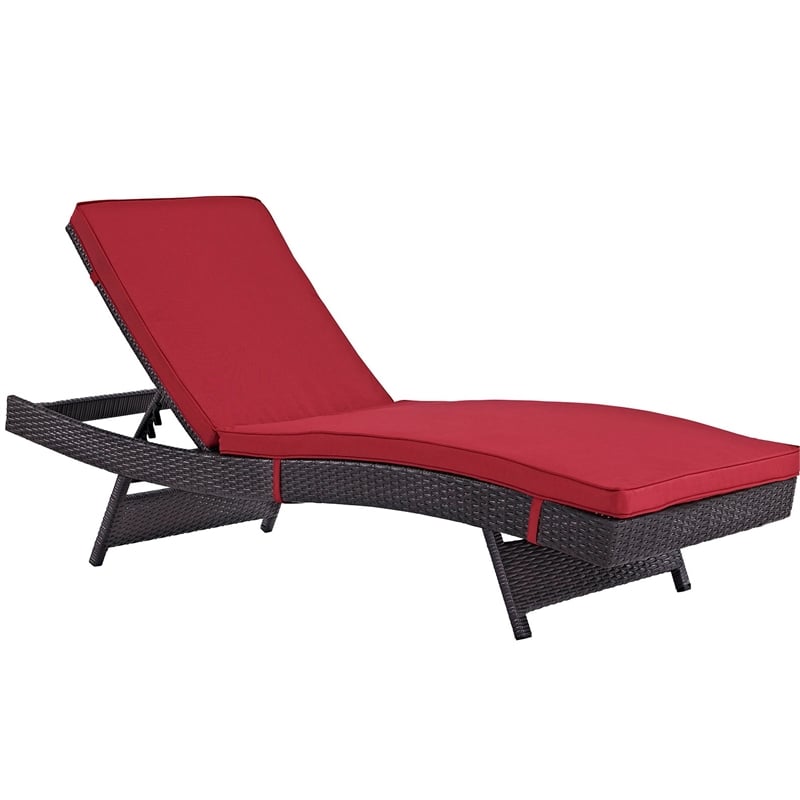 Pemberly Row Modern Rattan Outdoor Chaise in Espresso/Red (Set of 4)