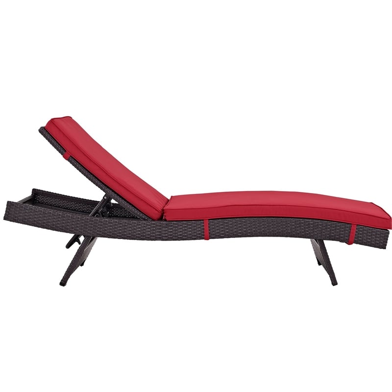 Pemberly Row Modern Rattan Outdoor Chaise in Espresso/Red (Set of 4)