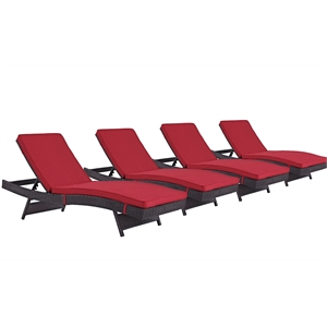 Pemberly Row Modern Rattan Outdoor Chaise in Espresso/Red (Set of 4)
