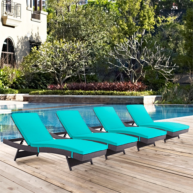 Pemberly Row Modern Rattan Outdoor Chaise in Espresso/Turquoise (Set of 4)
