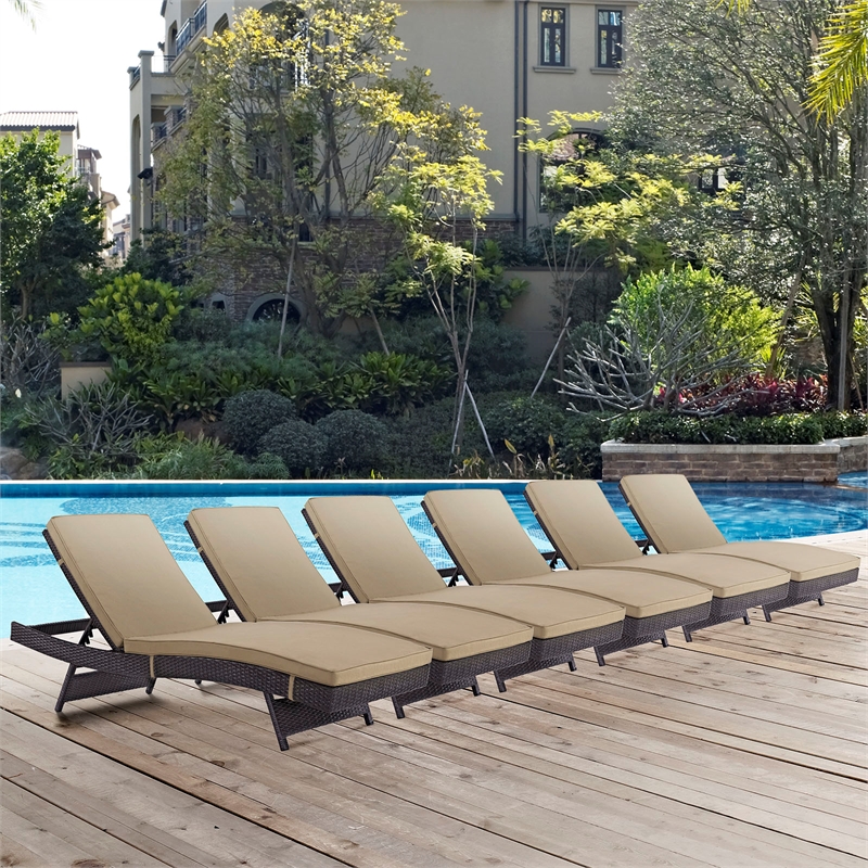 Pemberly Row Modern Rattan Outdoor Chaise in Espresso/Mocha Brown (Set of 6)