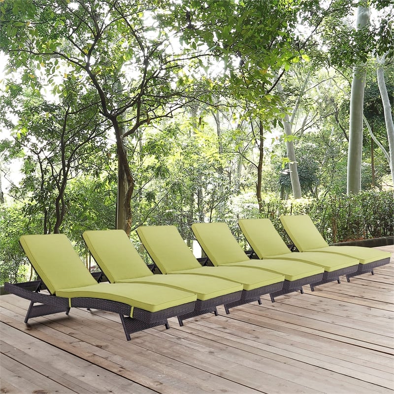 Pemberly Row Modern Rattan Outdoor Chaise in Espresso/Peridot Green (Set of 6)