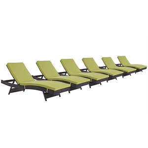 Pemberly Row Modern Rattan Outdoor Chaise in Espresso/Peridot Green (Set of 6)