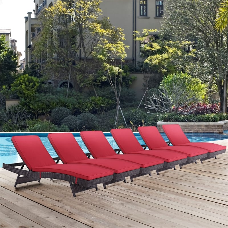 Pemberly Row Modern Rattan Outdoor Chaise in Espresso/Red (Set of 6)