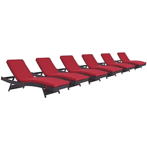 Pemberly Row Modern Rattan Outdoor Chaise in Espresso/Red (Set of 6)