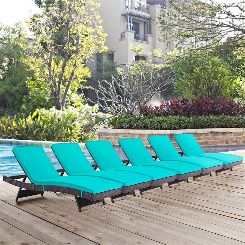Pemberly Row Modern Rattan Outdoor Chaise in Espresso/Turquoise (Set of 6)