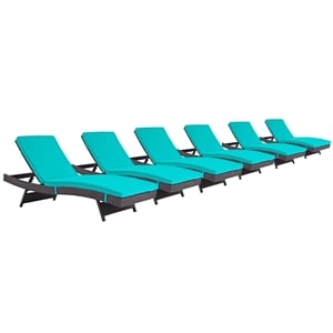 Pemberly Row Modern Rattan Outdoor Chaise in Espresso/Turquoise (Set of 6)