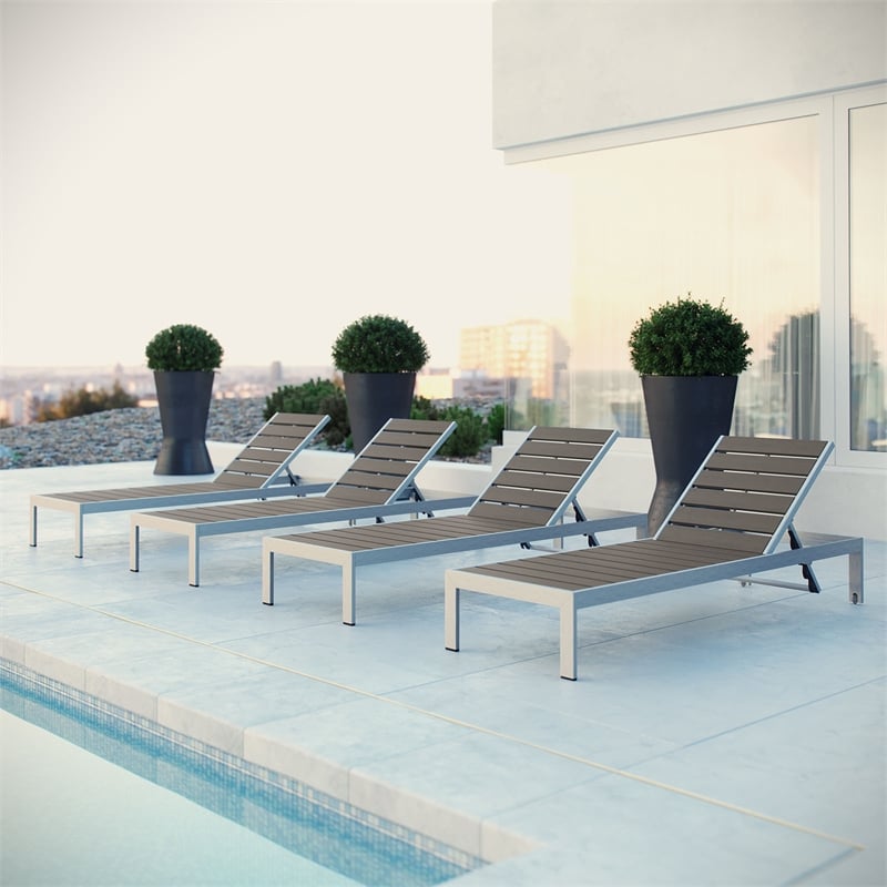 Pemberly Row Aluminum Patio Chaise Lounge Chair in Silver/Gray (Set of 4)