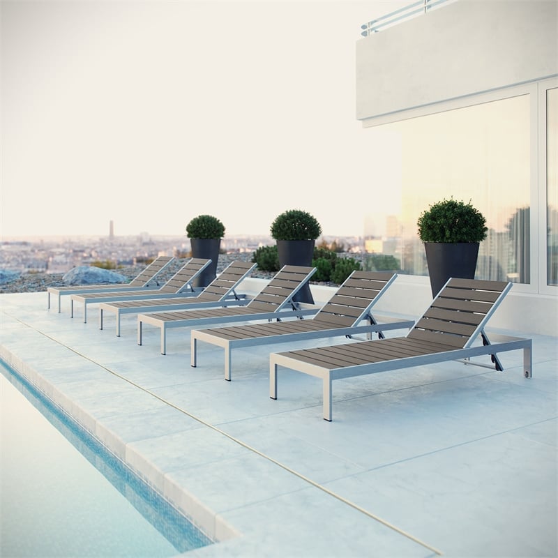 Pemberly Row Aluminum Patio Chaise Lounge Chair in Silver/Gray (Set of 6)