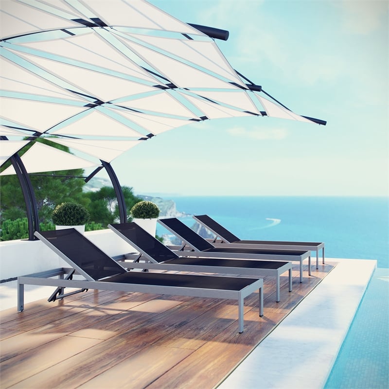 Pemberly Row Modern Aluminum Patio Chaise Lounge Set in Silver/Black (Set of 4)