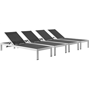 pemberly row modern aluminum patio chaise lounge set in silver/black (set of 4)