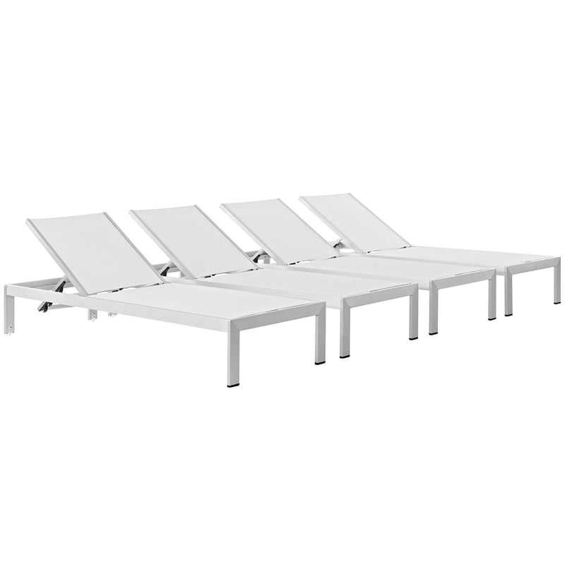 Pemberly Row Modern Aluminum Patio Chaise Lounge Set in Silver/White (Set of 4)