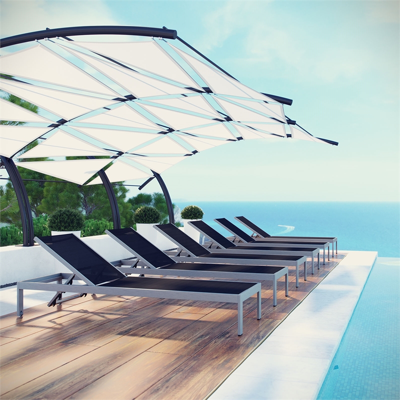 Pemberly Row Modern Aluminum Patio Chaise Lounge Set in Silver/Black (Set of 6)
