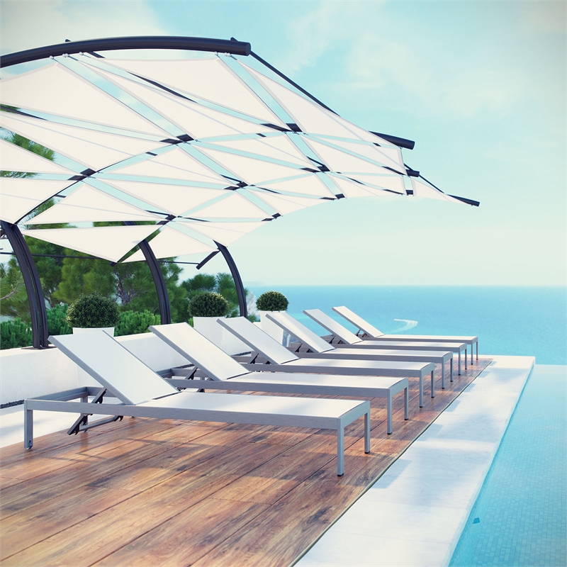Pemberly Row Modern Aluminum Patio Chaise Lounge Set in Silver/White (Set of 6)