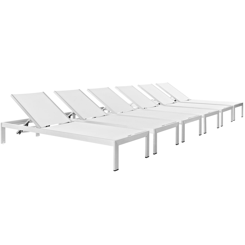 Pemberly Row Modern Aluminum Patio Chaise Lounge Set in Silver/White (Set of 6)