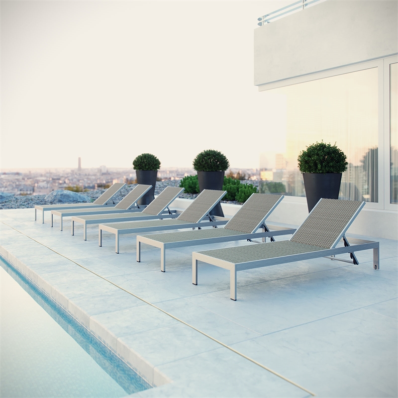 Pemberly Row Modern Aluminum Patio Chaise Lounge Set in Gray/Silver (Set of 6)