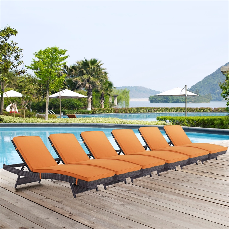 Pemberly Row Modern Rattan Outdoor Chaise in Espresso/Orange (Set of 6)