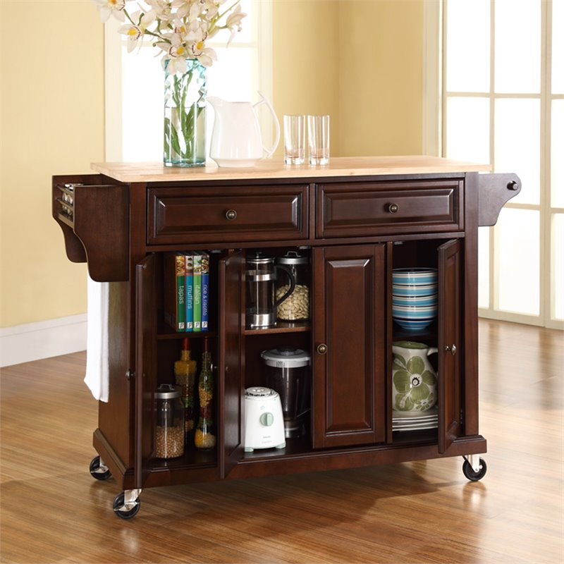 Pemberly Row Natural Wood Top Kitchen Cart in Mahogany