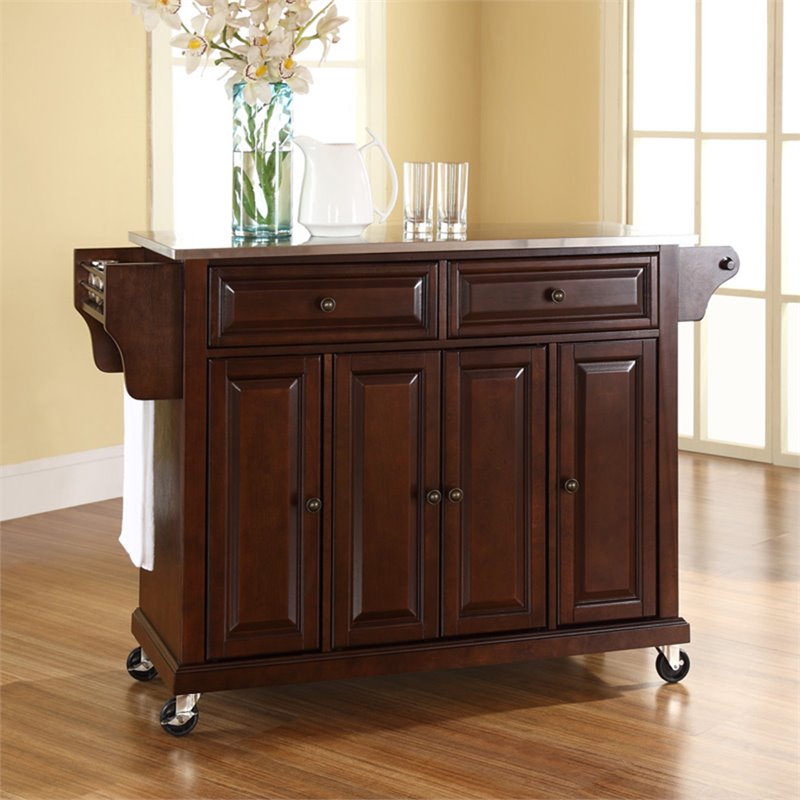 Pemberly Row Traditional Wood/Stainless Steel Kitchen Cart in Mahogany