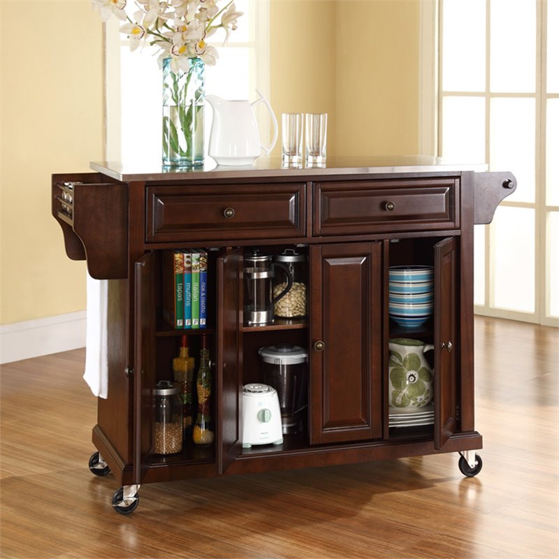 Pemberly Row Traditional Wood/Stainless Steel Kitchen Cart in Mahogany