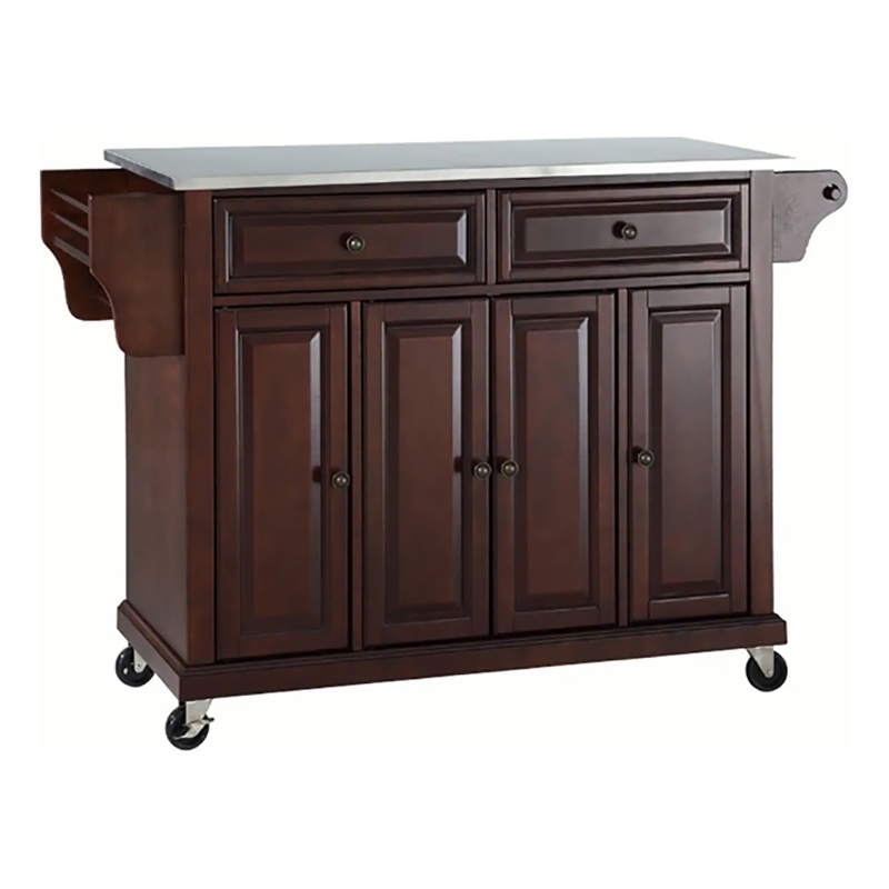 Pemberly Row Traditional Wood/Stainless Steel Kitchen Cart in Mahogany